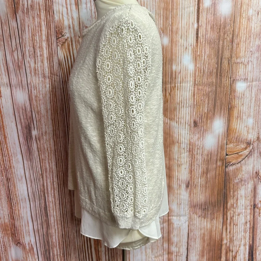 Lucky Brand Ivory Linen Blend Layered‎ Split Back Lace Sleeve Sweater